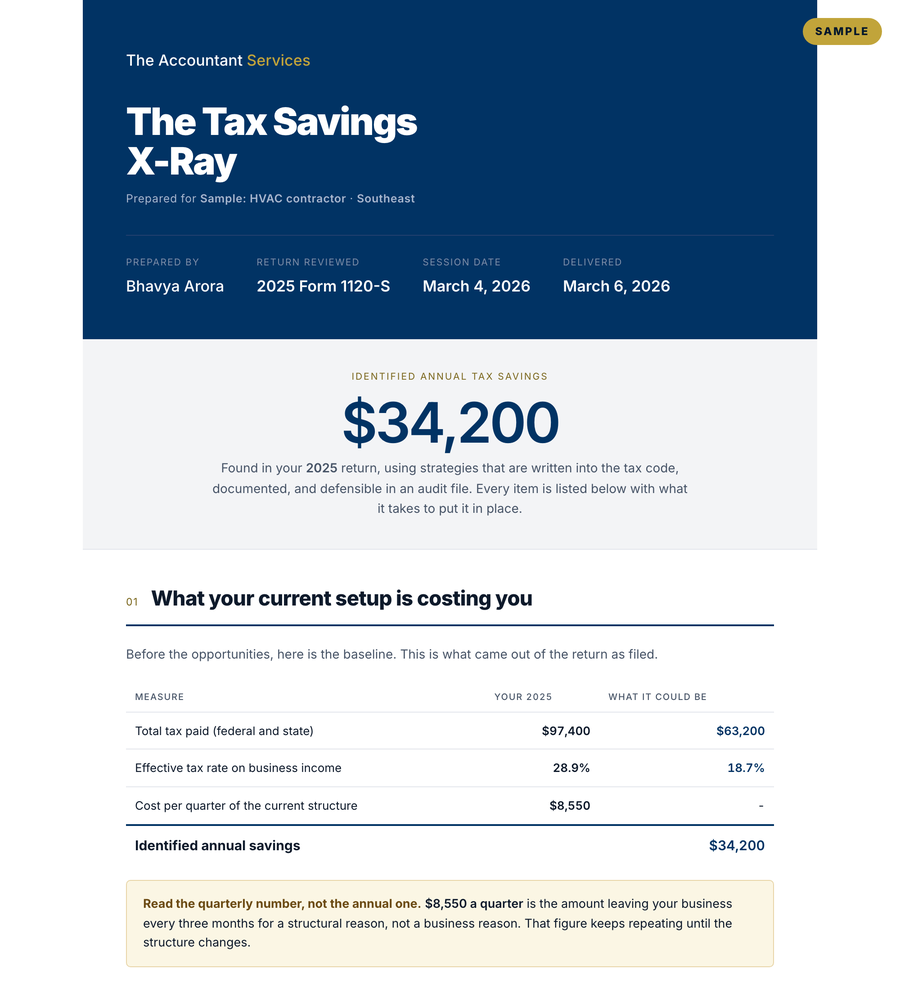 Page one: identified annual savings, and what the current setup costs per quarter