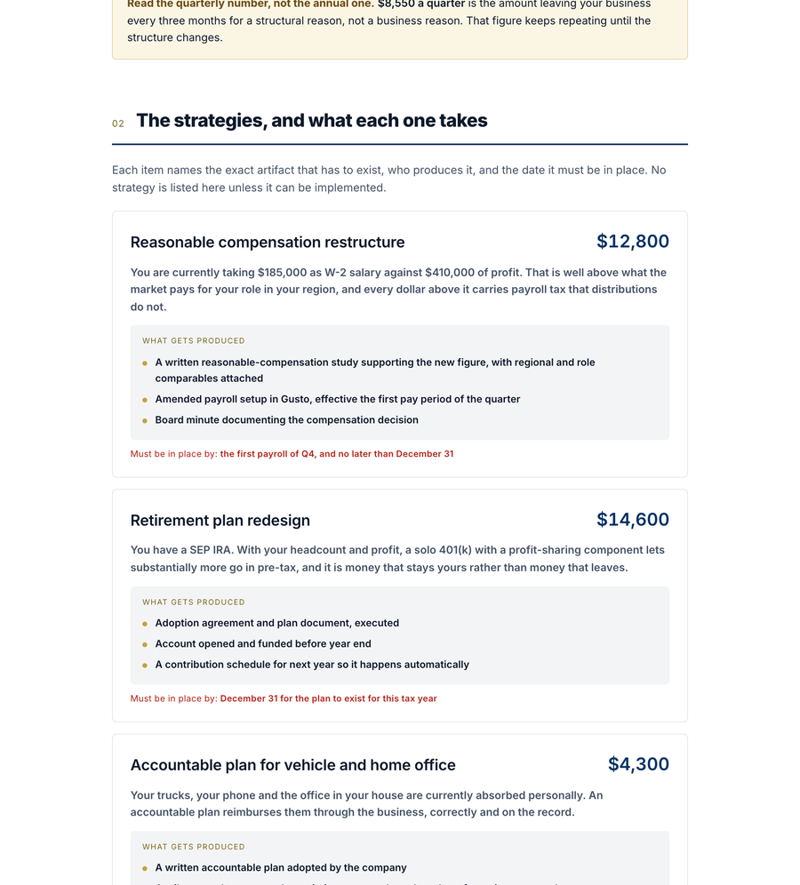 Page two: each strategy with its dollar figure, the paperwork it needs and its deadline