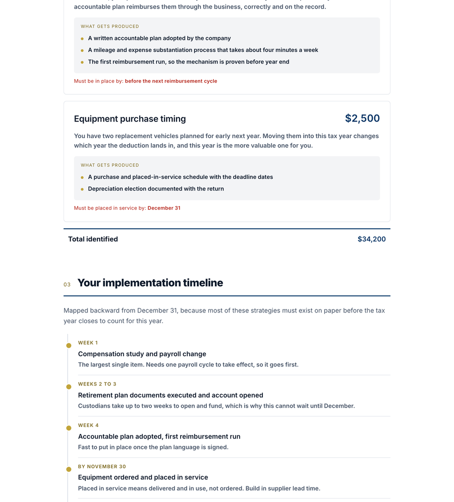 Page three: the implementation timeline mapped backward from December 31