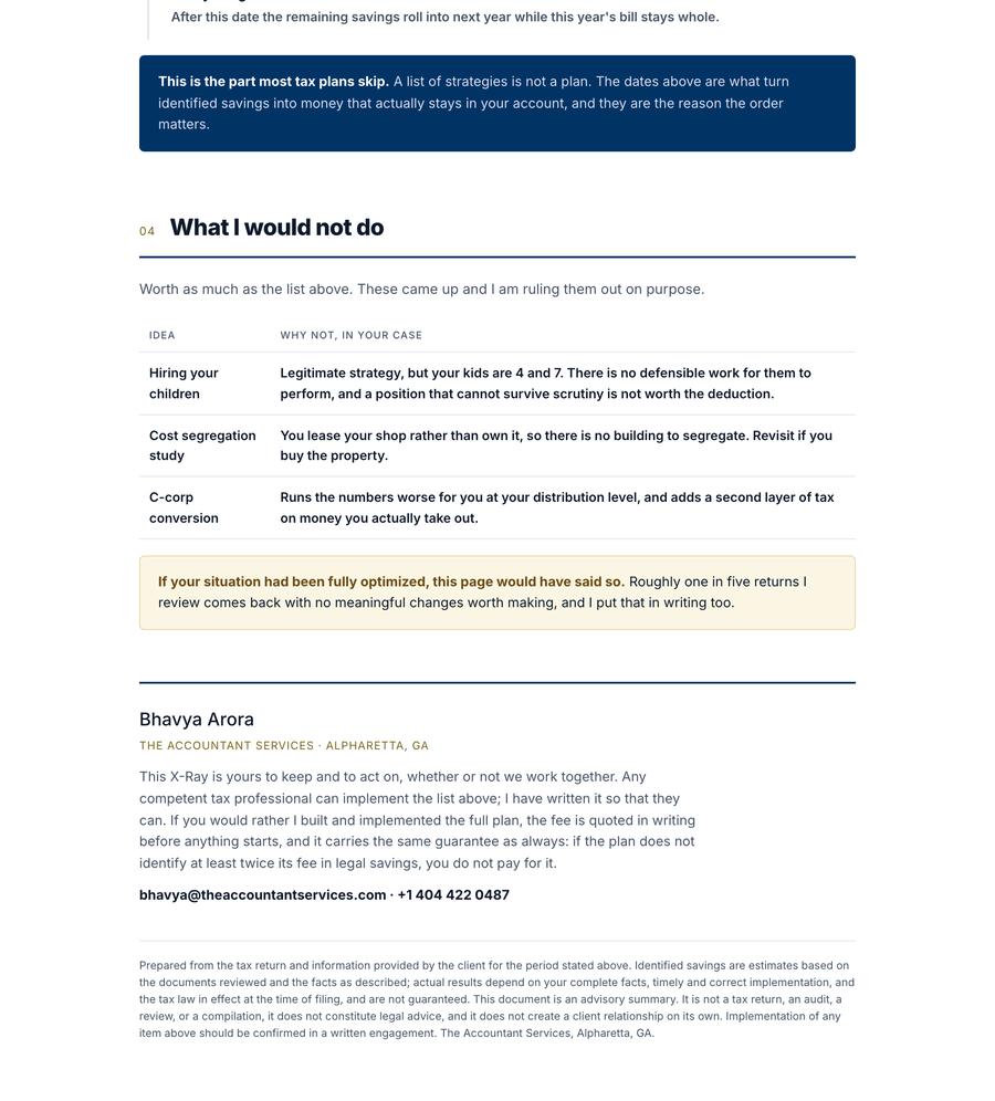 Page four: the strategies checked and ruled out, with the reason for each